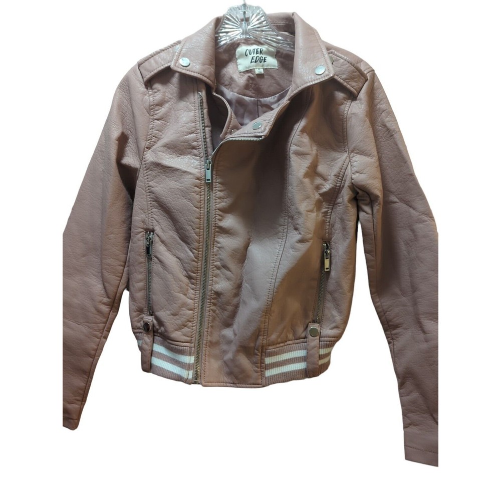 Outer Edge Faux Leather womens juniors rose pink mauve moto jacket Medium M